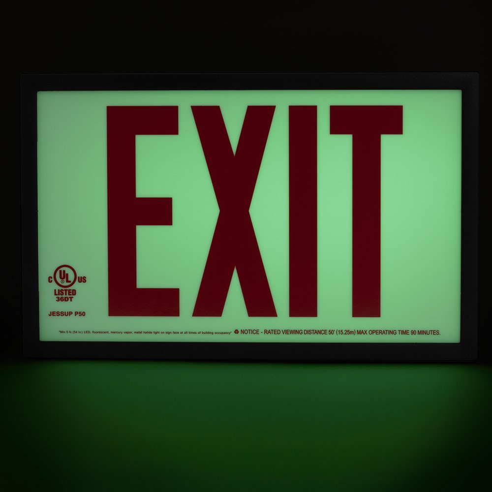 Glo Brite Photoluminescent Indoor Maintenance-Free Aluminum Frame Exit Sign 50 Foot Viewing