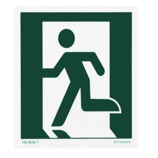 Glo Brite® Running Man Emergency Directional Sign, 8"x 8" Green on Photoluminescent