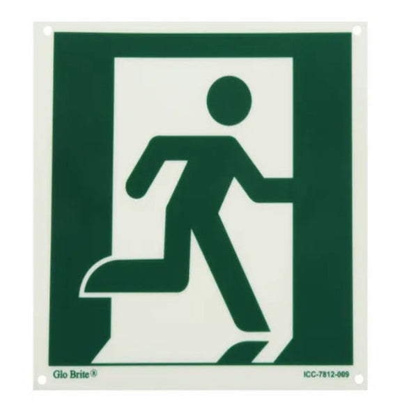 Glo Brite® Running Man Emergency Directional Sign, 8"x 8" Green on Photoluminescent