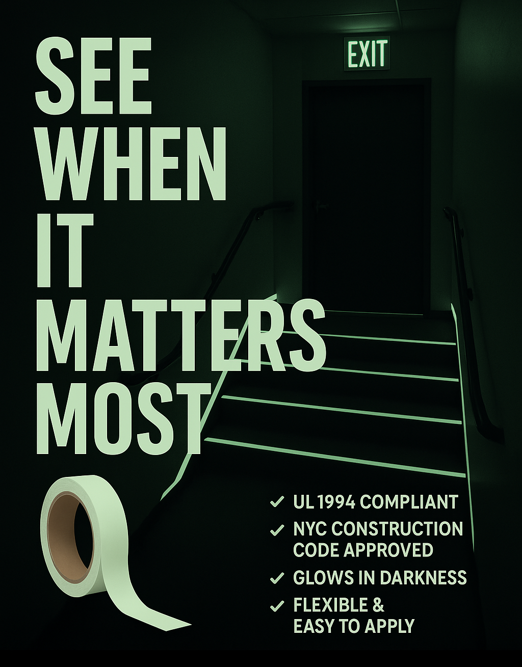 Glow Thru See When It Matters Most Glo Brite Flexible Safety Grade Luminous UL1994 Printed Tape 7760-1
